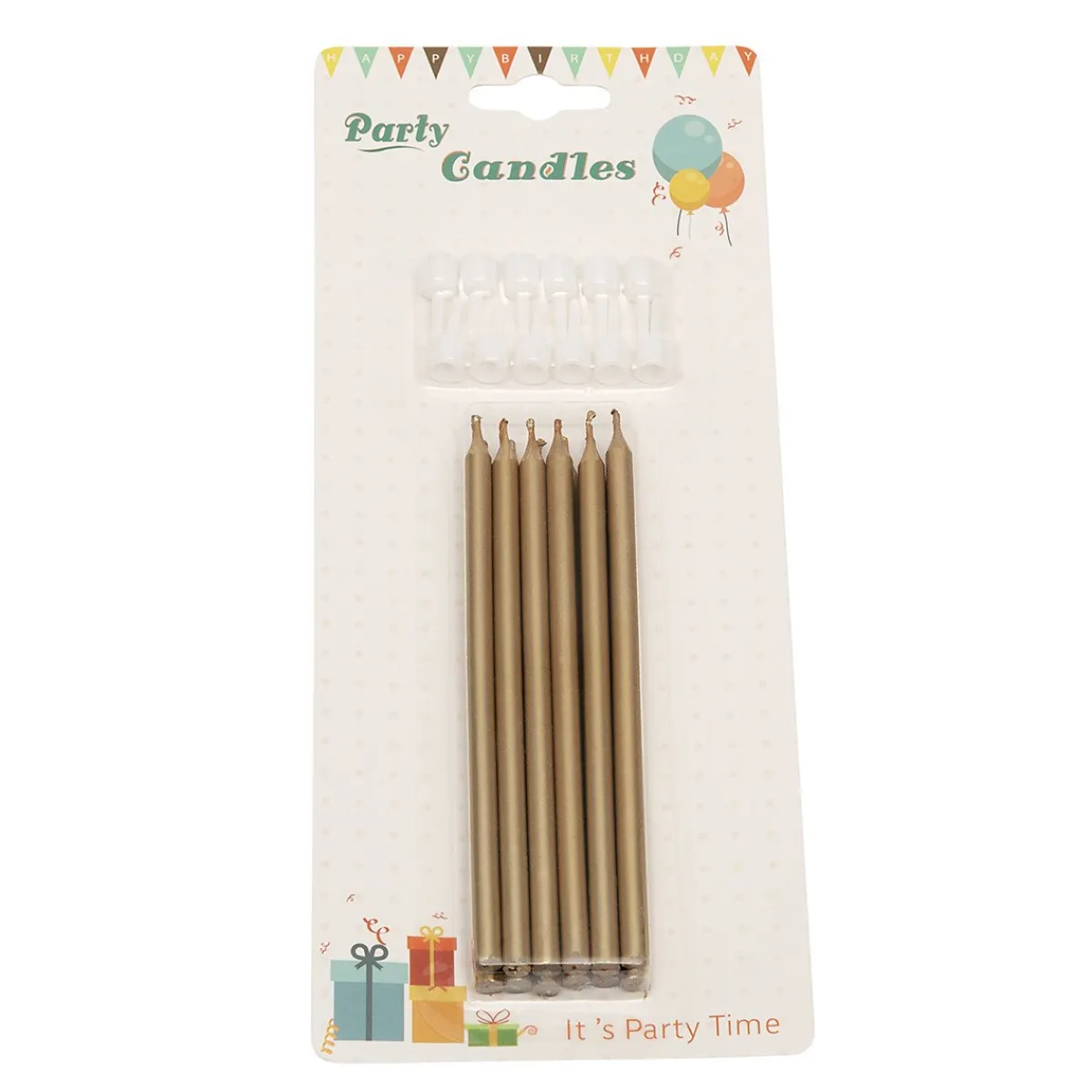 BrandNewCake Taartkaarsjes met houders Lang Goud 12st.